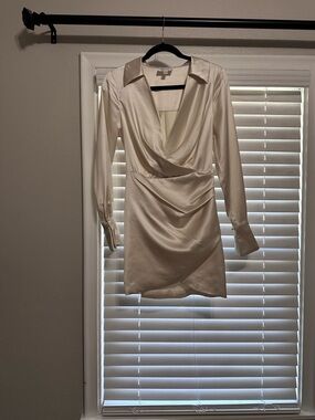 Line & Dot Ivory Satin Wrap-Style Long Sleeve Mini Dress